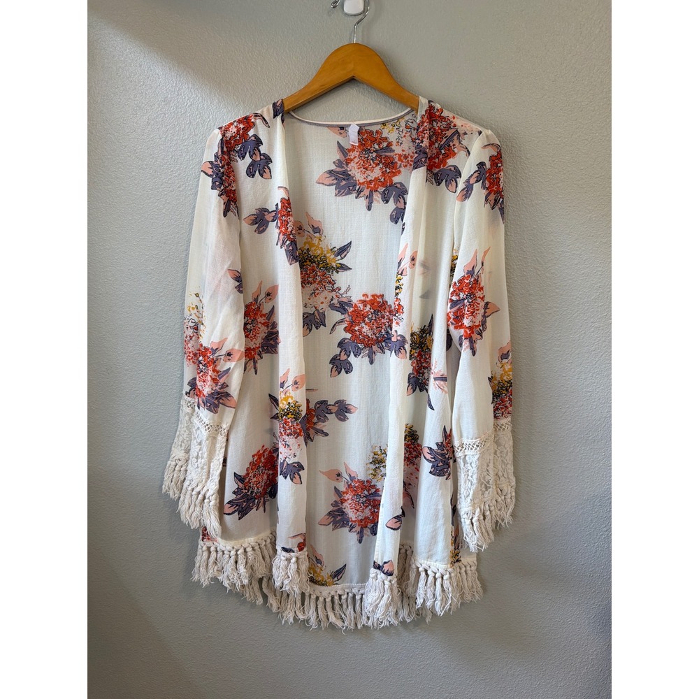 Xhilaration Kimono Cardigan Women Large Floral Boho Tassel Fringe Crochet Lace